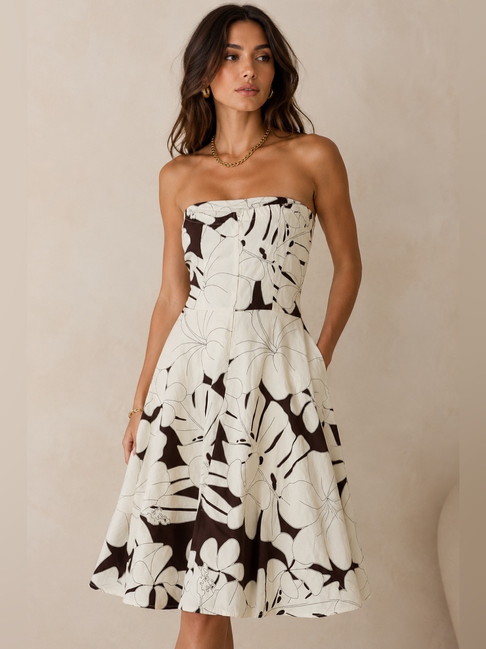 Tropical Floral Strapless Cotton Blend Fit & Flare Dress Resort Vacation Chic